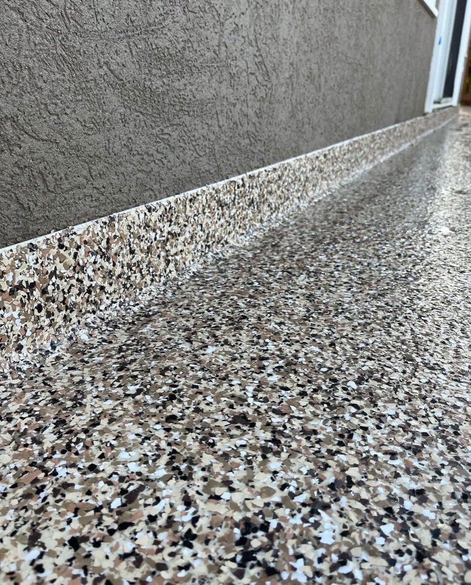Close view of a decorative flake-coated surface